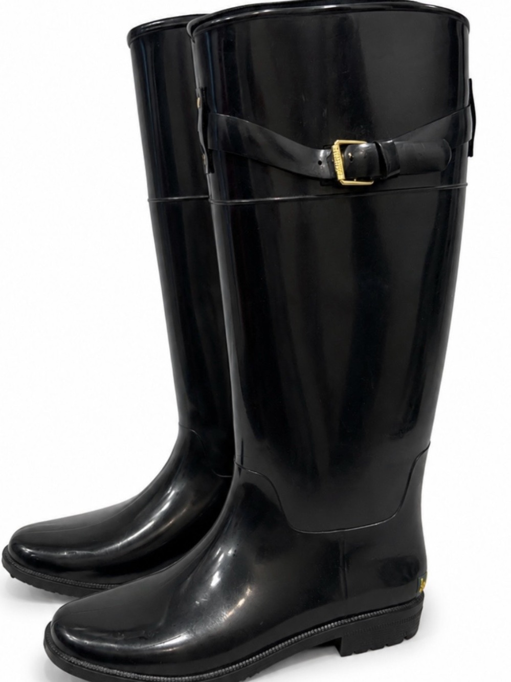 Ralph Lauren Black Tall Glossy Rain Boots with Gold Buckle